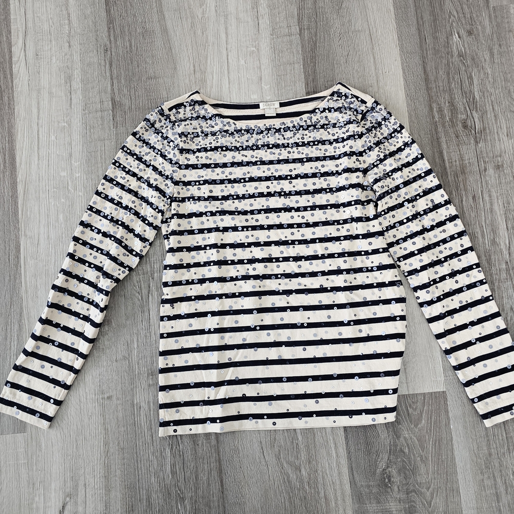 J.Ceww Striped Long-Sleeve Sequin Accent Top - Navy & White